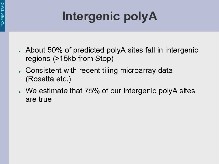 INSERM TAGC Intergenic poly. A ● ● ● About 50% of predicted poly. A