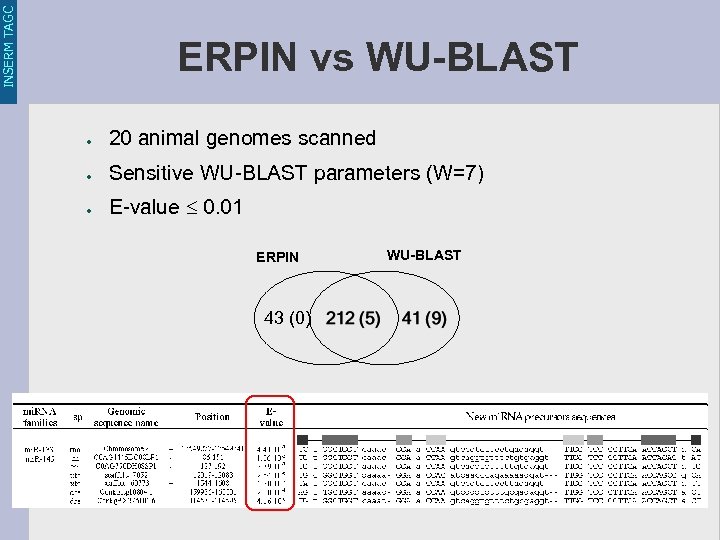 INSERM TAGC ERPIN vs WU-BLAST ● 20 animal genomes scanned ● Sensitive WU-BLAST parameters