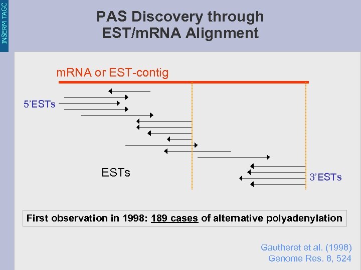 INSERM TAGC PAS Discovery through EST/m. RNA Alignment m. RNA or EST-contig 5’ESTs 3’ESTs
