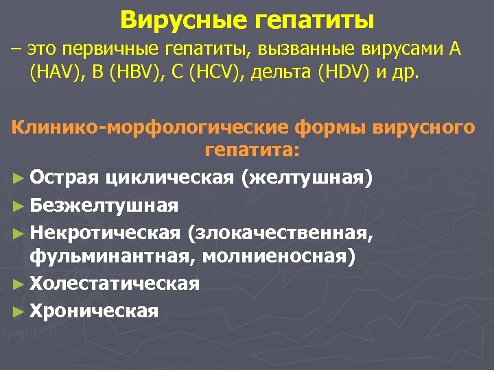 Вирусные гепатиты – это первичные гепатиты, вызванные вирусами А (HAV), B (HBV), С (HCV),