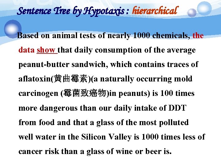 Sentence Tree by Hypotaxis : hierarchical Based on animal tests of nearly 1000 chemicals,