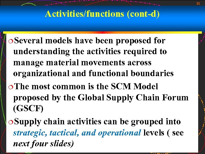 11 Activities/functions (cont-d) ¦Several models have been proposed for understanding the activities required to