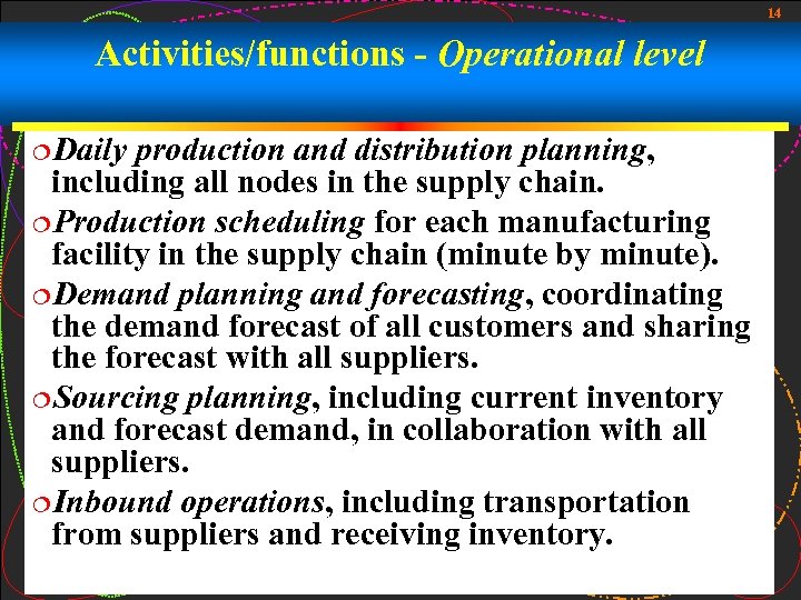 14 Activities/functions - Operational level ¦Daily production and distribution planning, including all nodes in