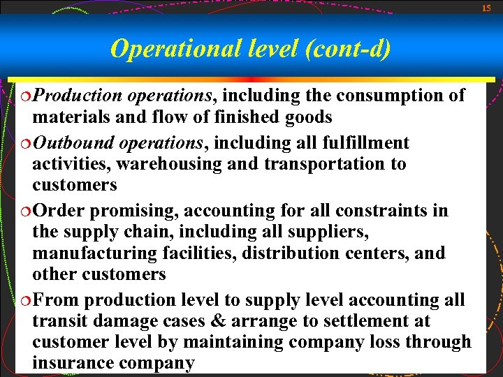15 Operational level (cont-d) ¦Production operations, including the consumption of materials and flow of