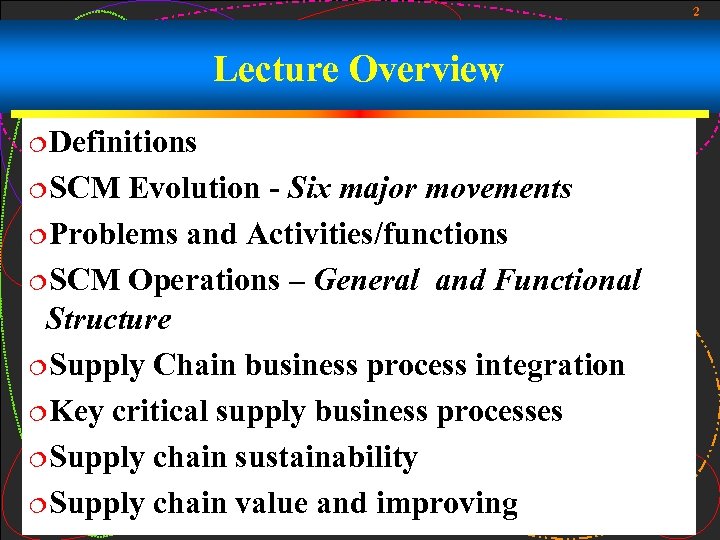 2 Lecture Overview ¦Definitions ¦SCM Evolution - Six major movements ¦Problems and Activities/functions ¦SCM