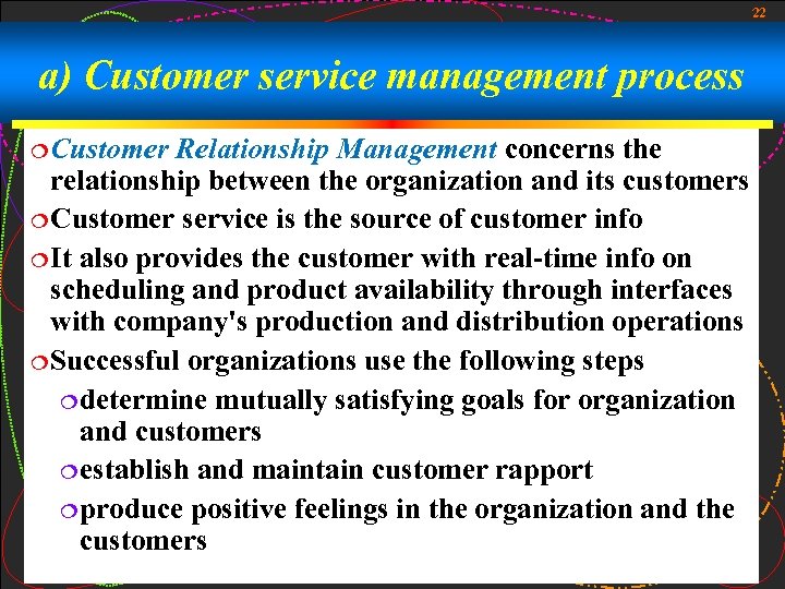 22 a) Customer service management process ¦ Customer Relationship Management concerns the relationship between