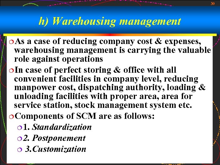 30 h) Warehousing management ¦As a case of reducing company cost & expenses, warehousing