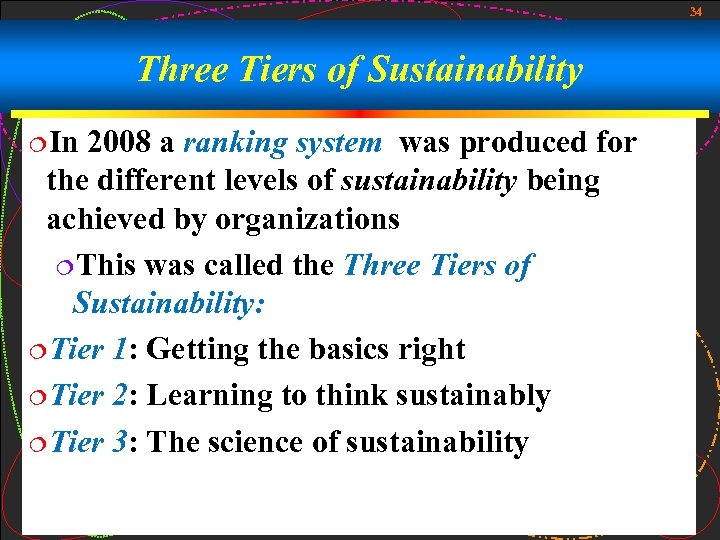 34 Three Tiers of Sustainability ¦In 2008 a ranking system was produced for the
