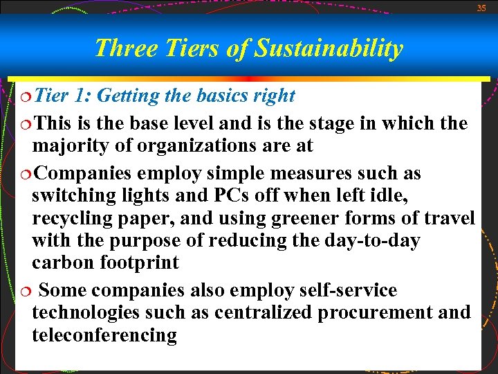 35 Three Tiers of Sustainability ¦Tier 1: Getting the basics right ¦This is the