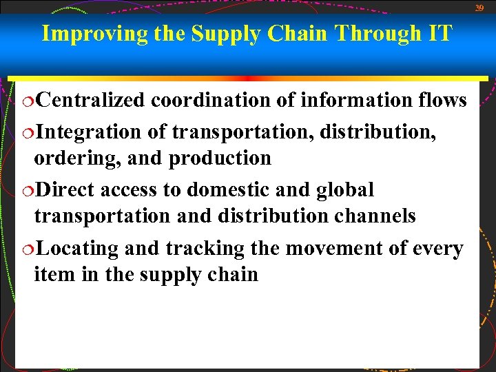 39 Improving the Supply Chain Through IT ¦Centralized coordination of information flows ¦Integration of