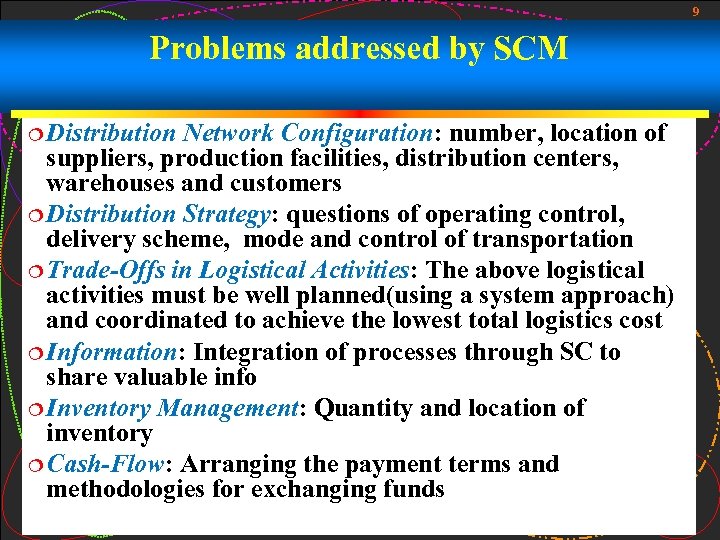 9 Problems addressed by SCM ¦ Distribution Network Configuration: number, location of suppliers, production