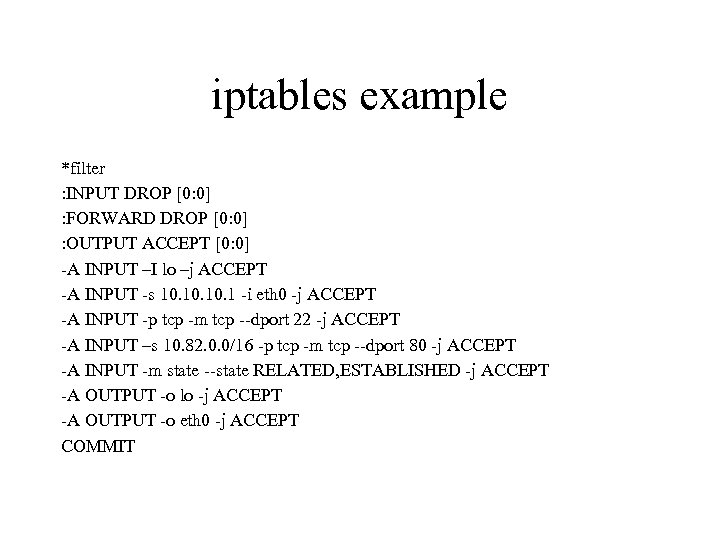 iptables example *filter : INPUT DROP [0: 0] : FORWARD DROP [0: 0] :