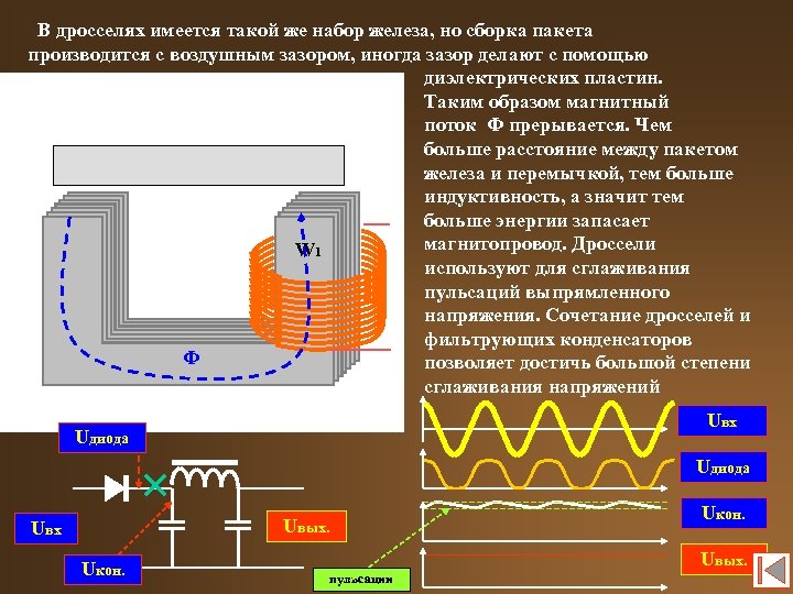 В дросселях имеется такой же набор железа, но сборка пакета производится с воздушным зазором,