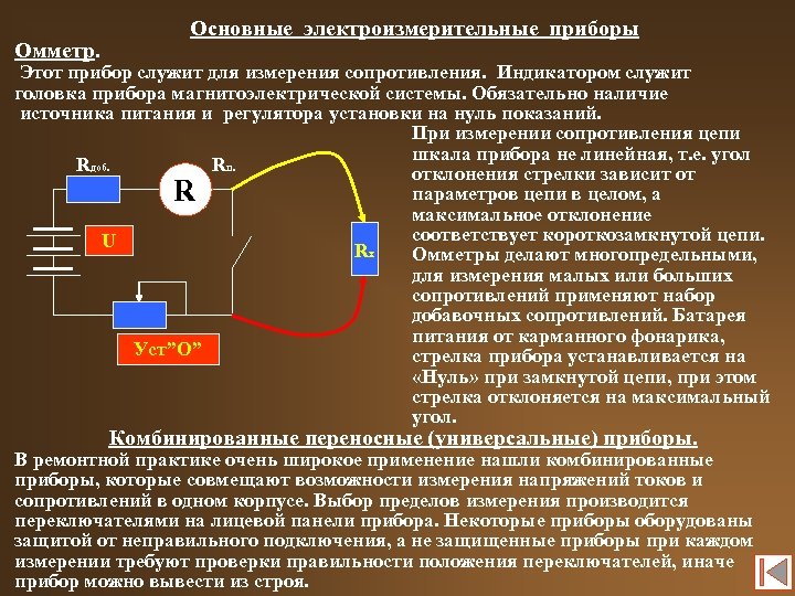 Омметр. Основные электроизмерительные приборы Этот прибор служит для измерения сопротивления. Индикатором служит головка прибора