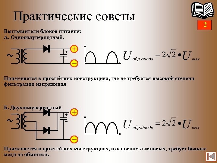 Практические советы Выпрямители блоков питания: А. Однополупериодный. 2 Применяется в простейших конструкциях, где не