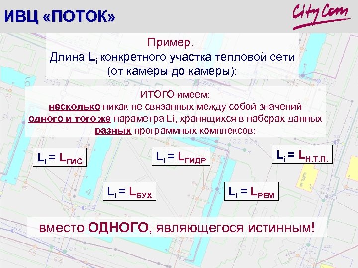 ИВЦ «ПОТОК» Пример. Длина Li конкретного участка тепловой сети (от камеры до камеры): ИТОГО