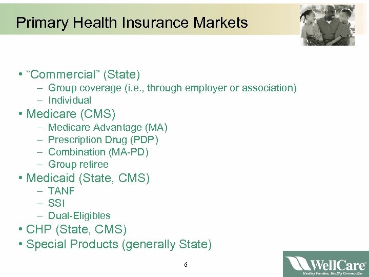Primary Health Insurance Markets • “Commercial” (State) – Group coverage (i. e. , through