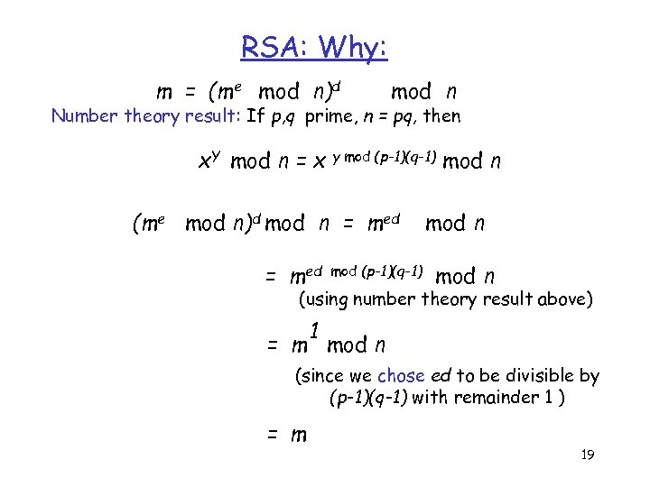RSA: Why: m = (me mod n)d mod n Number theory result: If p,
