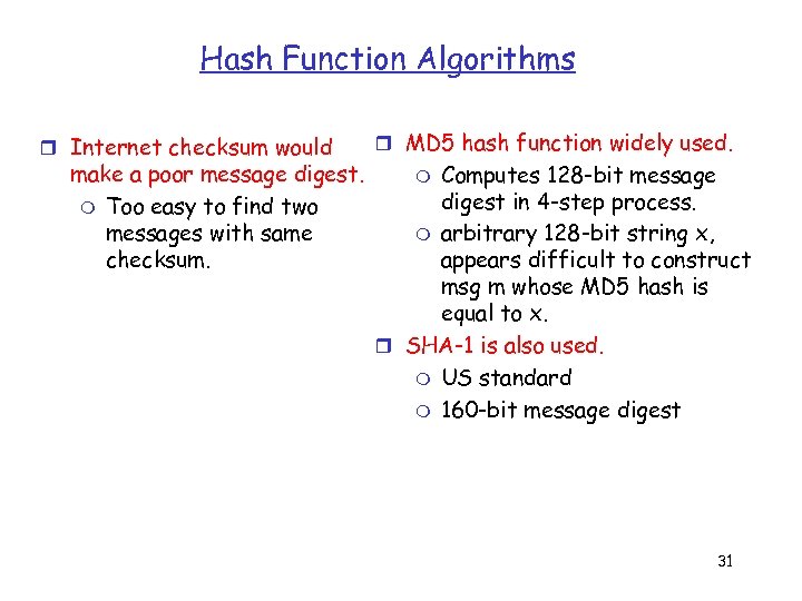 Hash Function Algorithms r Internet checksum would make a poor message digest. m Too