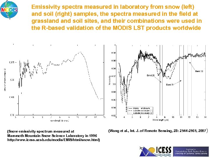 Emissivity spectra measured in laboratory from snow (left) and soil (right) samples, the spectra