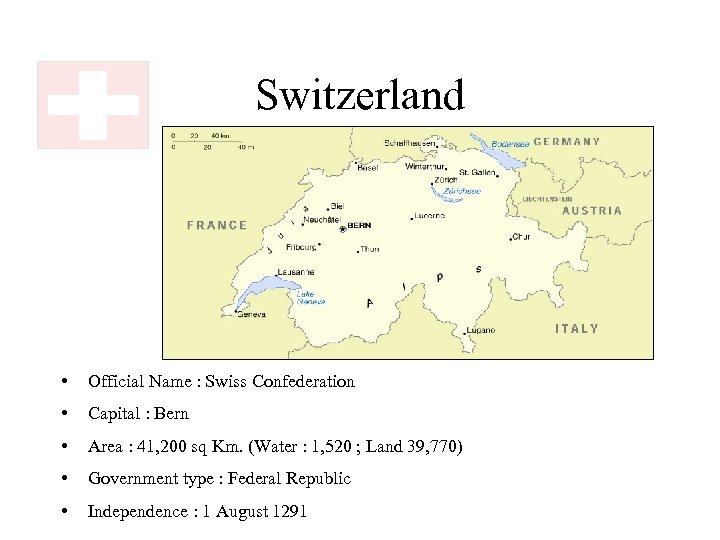 Switzerland • Official Name : Swiss Confederation • Capital : Bern • Area :