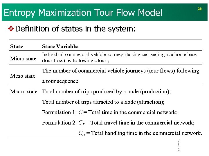 Entropy Maximization Tour Flow Model 20 v Definition of states in the system: State