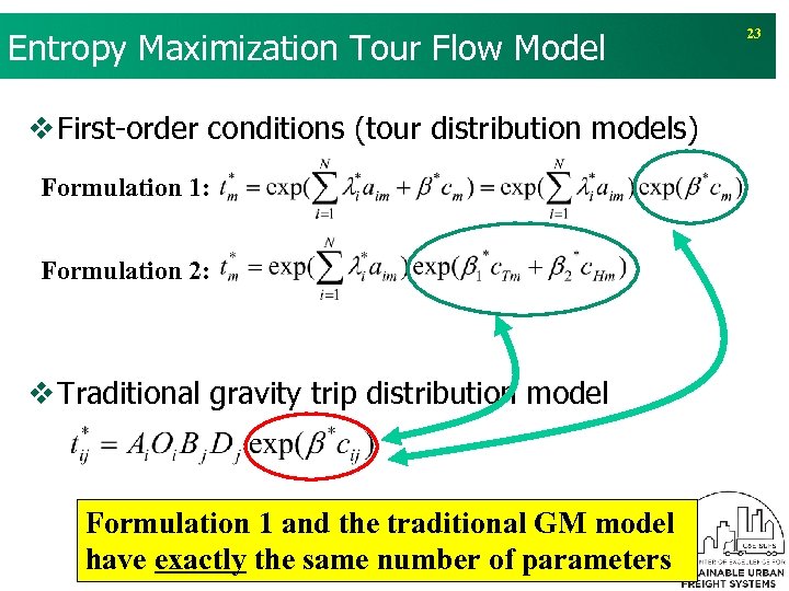 Entropy Maximization Tour Flow Model v First-order conditions (tour distribution models) Formulation 1: Formulation