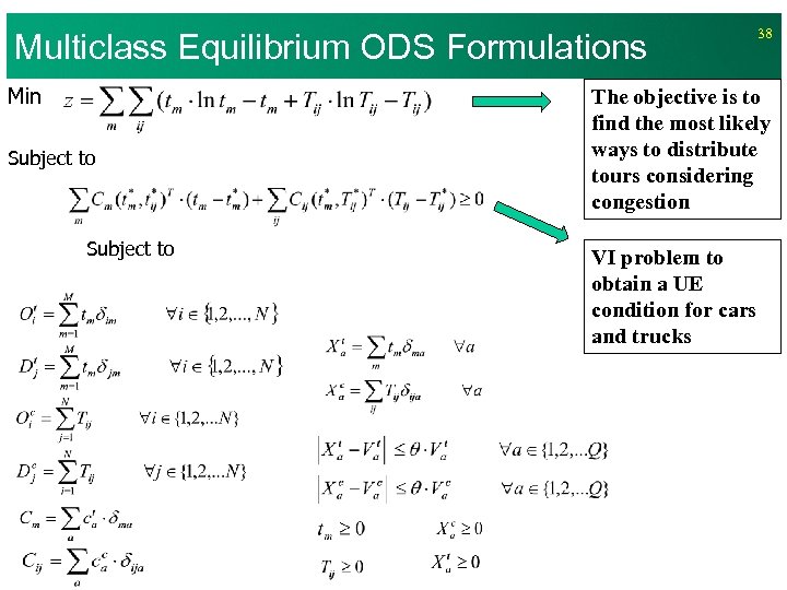 Multiclass Equilibrium ODS Formulations Min Subject to 38 The objective is to find the