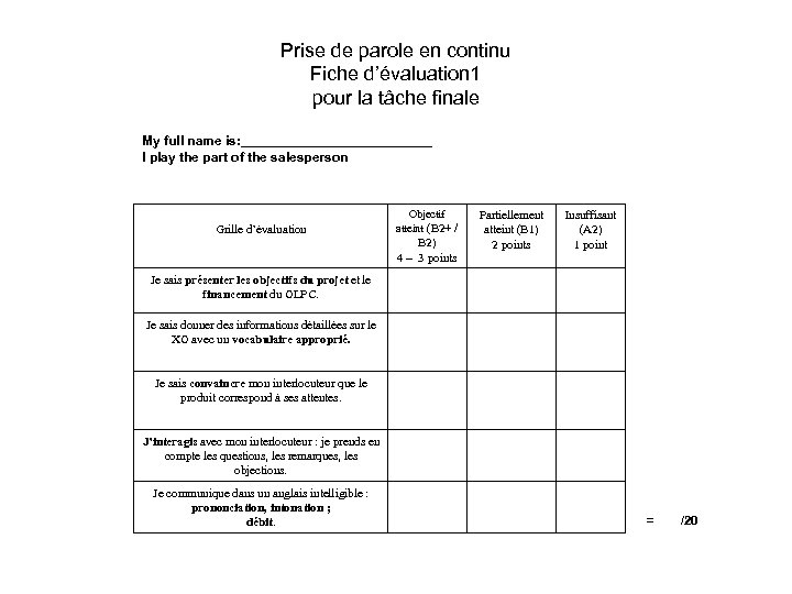 Prise de parole en continu Fiche d’évaluation 1 pour la tâche finale My full