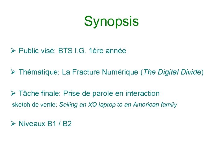 Synopsis Ø Public visé: BTS I. G. 1ère année Ø Thématique: La Fracture Numérique