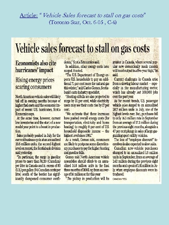 Article: “Vehicle Sales forecast to stall on gas costs” (Toronto Star, Oct. 6 -05