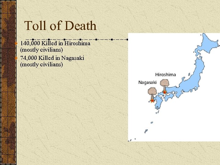 Toll of Death 140, 000 Killed in Hiroshima (mostly civilians) 74, 000 Killed in