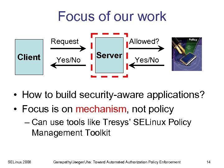 Focus of our work Request Client Yes/No Allowed? Server Yes/No • How to build