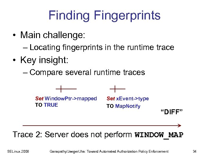 Finding Fingerprints • Main challenge: – Locating fingerprints in the runtime trace • Key