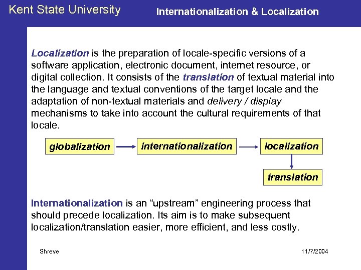 Kent State University Internationalization & Localization is the preparation of locale-specific versions of a