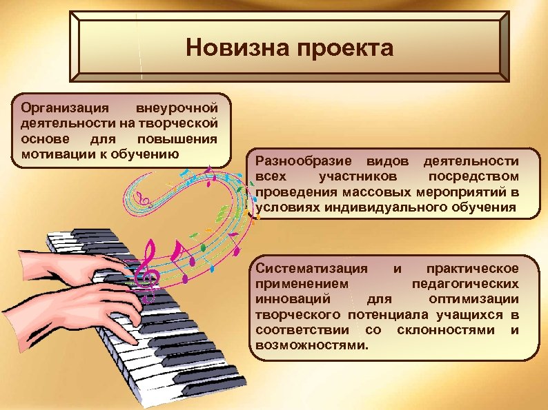 Новизна проекта Организация внеурочной деятельности на творческой основе для повышения мотивации к обучению Разнообразие