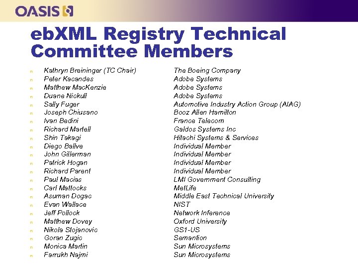 eb. XML Registry Technical Committee Members n n n n n n Kathryn Breininger