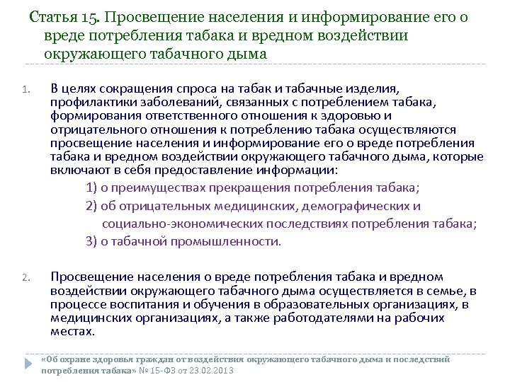 Статья 15. Просвещение населения и информирование его о вреде потребления табака и вредном воздействии