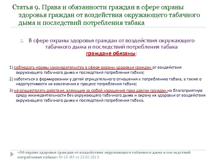 Статья 9. Права и обязанности граждан в сфере охраны здоровья граждан от воздействия окружающего