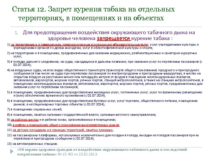 Статья 12. Запрет курения табака на отдельных территориях, в помещениях и на объектах 1.