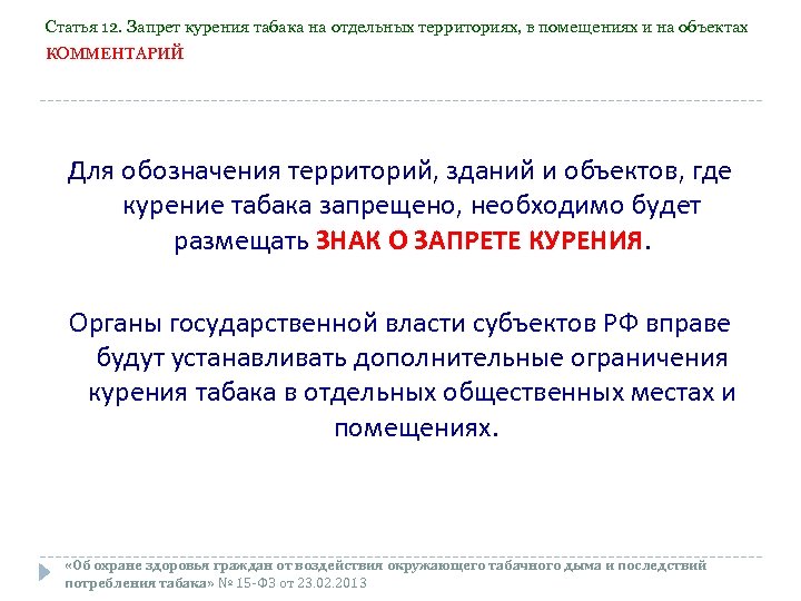 Статья 12. Запрет курения табака на отдельных территориях, в помещениях и на объектах КОММЕНТАРИЙ