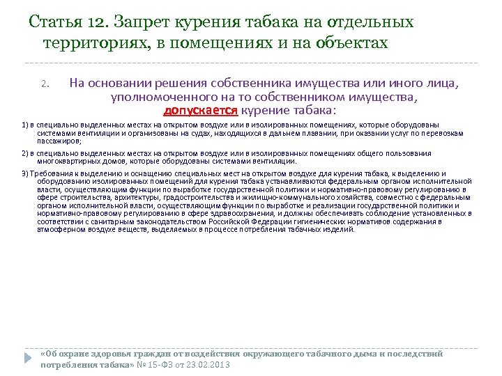 Статья 12. Запрет курения табака на отдельных территориях, в помещениях и на объектах 2.