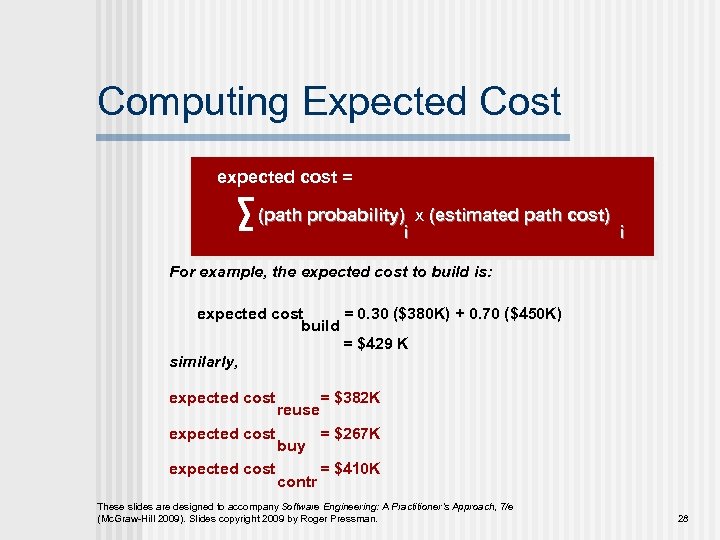 Computing Expected Cost expected cost = (path probability) x (estimated path cost) i i