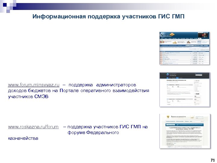 Информационная поддержка участников ГИС ГМП www. forum. minsvyaz. ru – поддержка администраторов доходов бюджетов