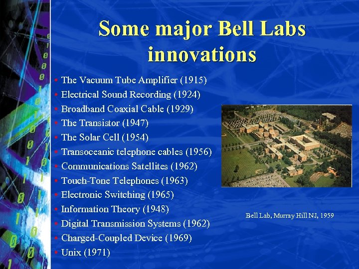 Some major Bell Labs innovations • • • • The Vacuum Tube Amplifier (1915)