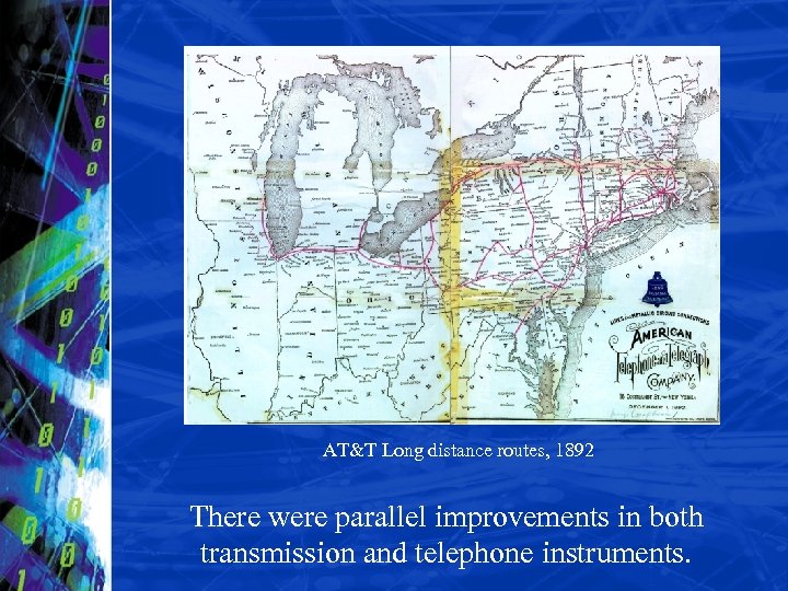 AT&T Long distance routes, 1892 There were parallel improvements in both transmission and telephone