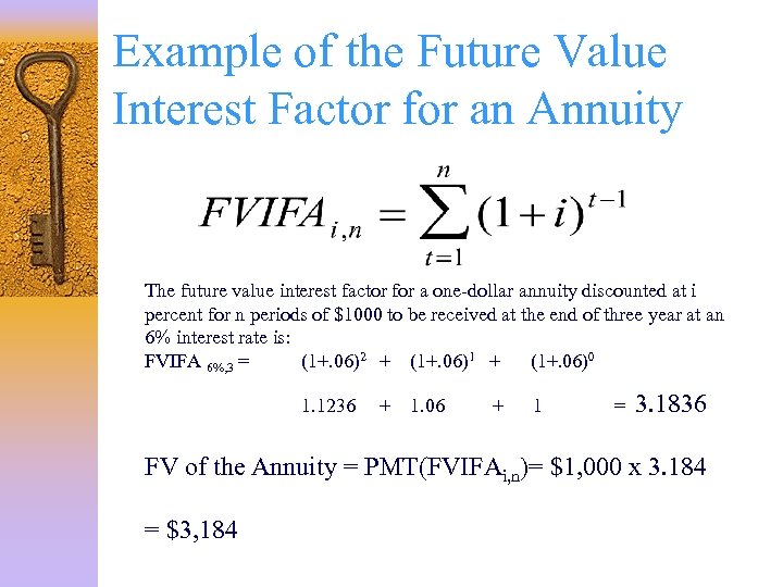 Example of the Future Value Interest Factor for an Annuity The future value interest