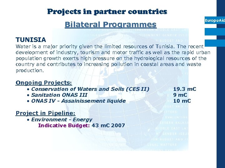 Projects in partner countries Europe. Aid Bilateral Programmes TUNISIA Water is a major priority