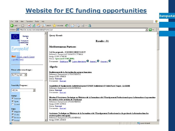 Website for EC funding opportunities Europe. Aid 