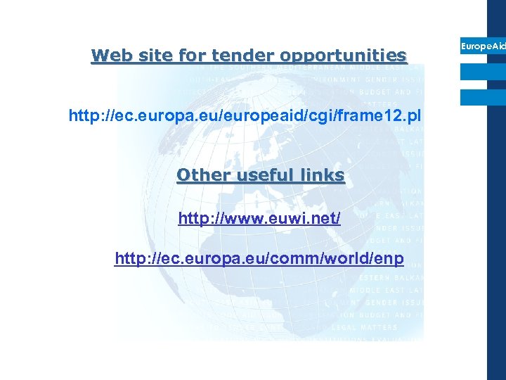 Web site for tender opportunities http: //ec. europa. eu/europeaid/cgi/frame 12. pl Other useful links